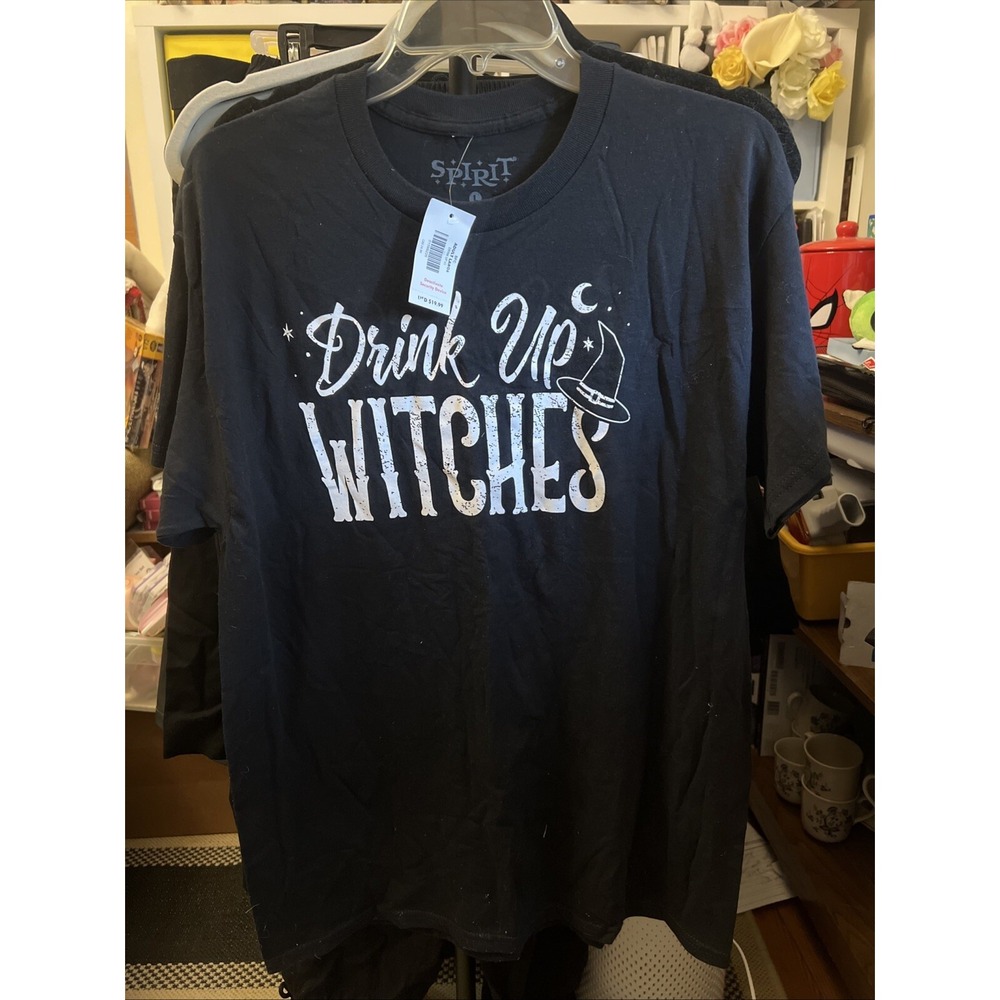 New DRINK UP WITCHES Halloween Womens Sz L Black Spirit Funny Drinking T-Shirt